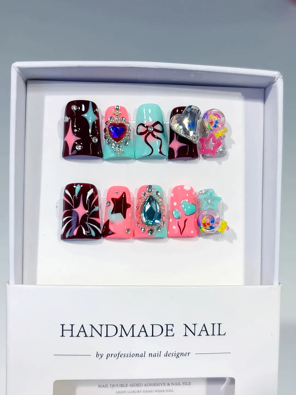 Red Pink Blue Silver Abstract Heart Bow Star Lollipop Rhinestone 3D press on nails full set view