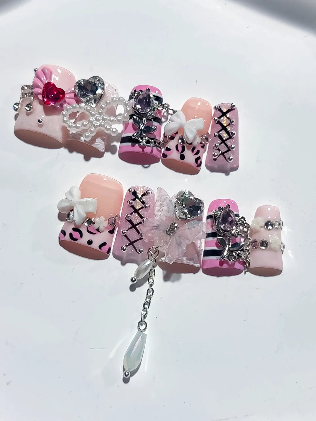 Pink White Black Silver Abstract Bow Heart Cross Lattice Chain Rhinestone 3D press on nails detail view