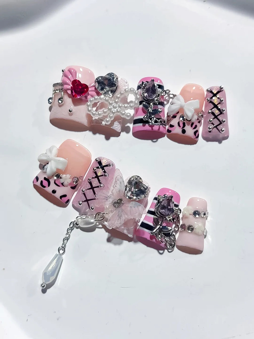 Pink White Black Silver Abstract Bow Heart Cross Lattice Chain Rhinestone 3D press on nails detail view