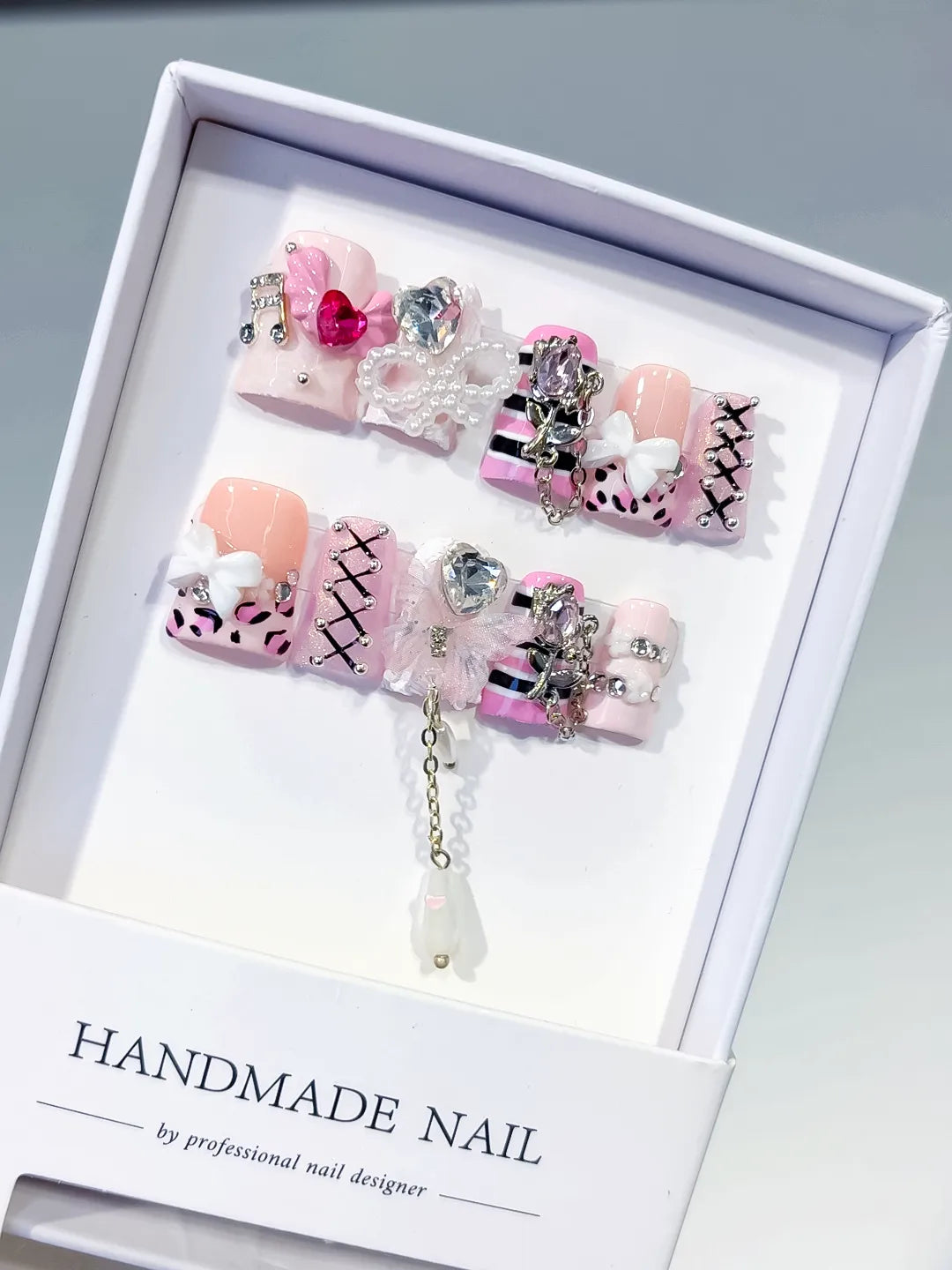 Pink White Black Silver Abstract Bow Heart Cross Lattice Chain Rhinestone 3D press on nails