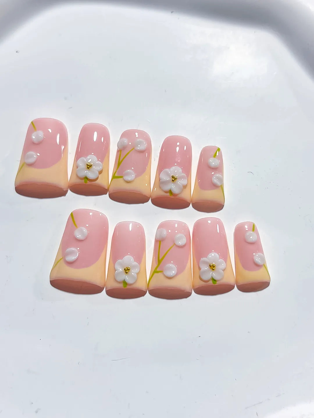 Pink Nude White French tip Flower Pearl 3D press on nails detail view