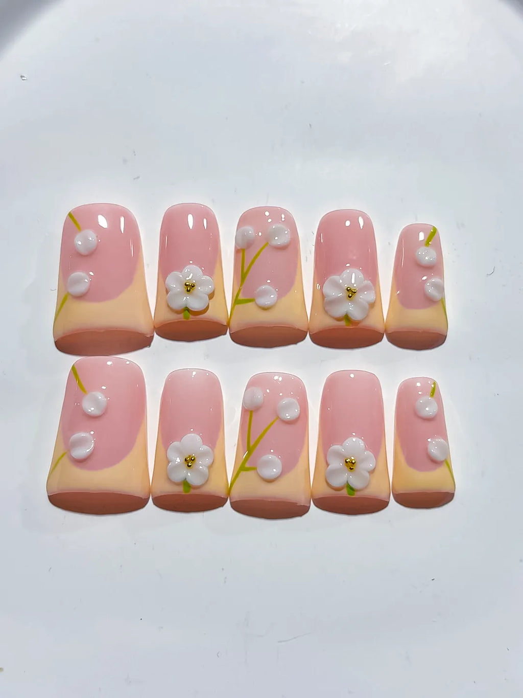 Pink Nude White French tip Flower Pearl 3D press on nails detail view