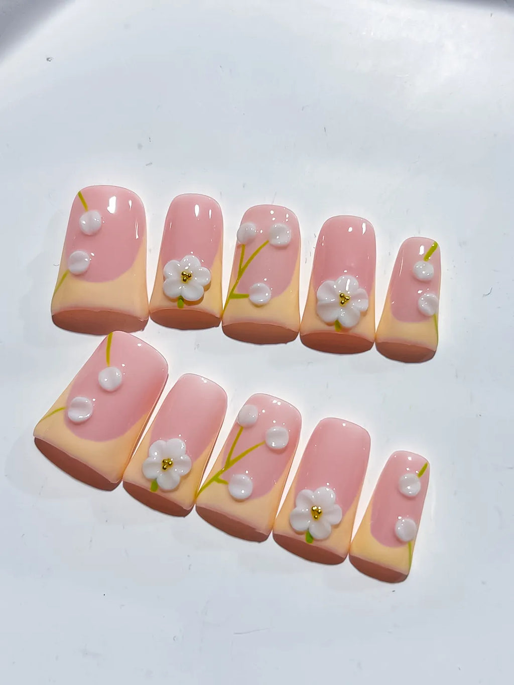Pink Nude White French tip Flower Pearl 3D press on nails detail view