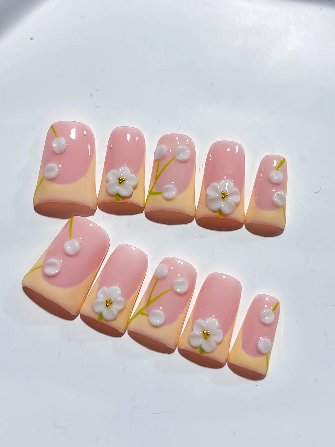 Pink Nude White French tip Flower Pearl 3D press on nails detail view