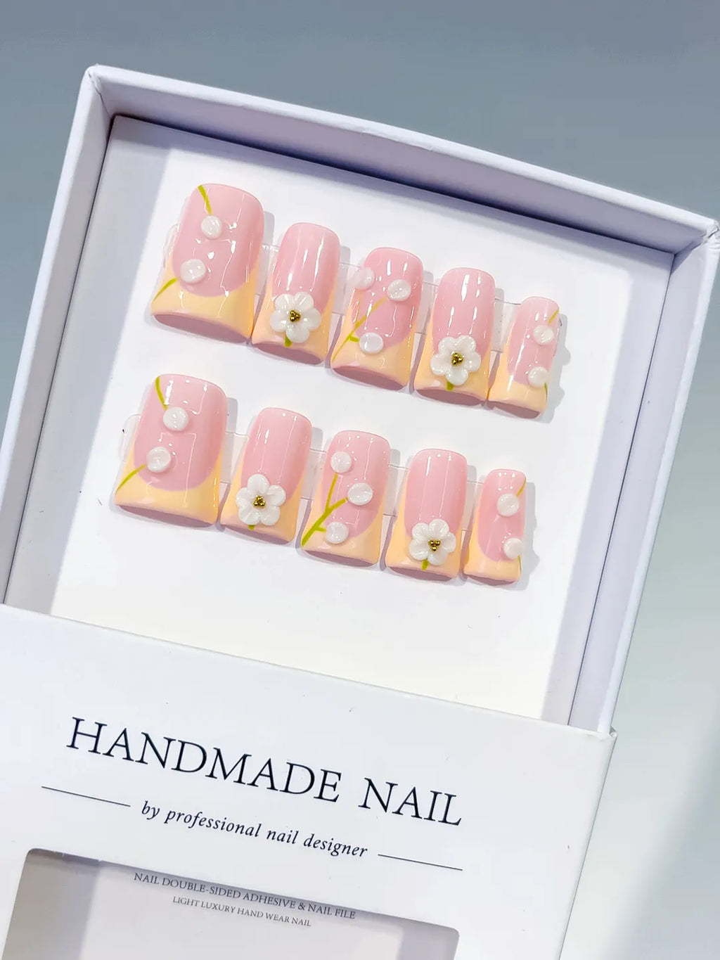 Pink Nude White French tip Flower Pearl 3D press on nails