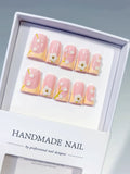 Pink Nude White French tip Flower Pearl 3D press on nails