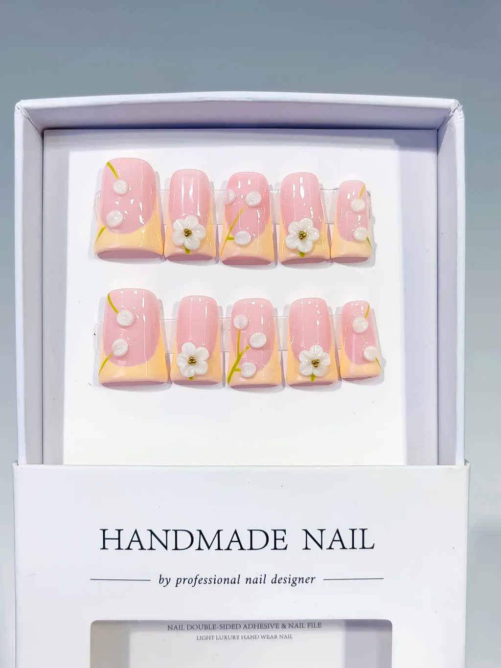 Pink Nude White French tip Flower Pearl 3D press on nails full set view