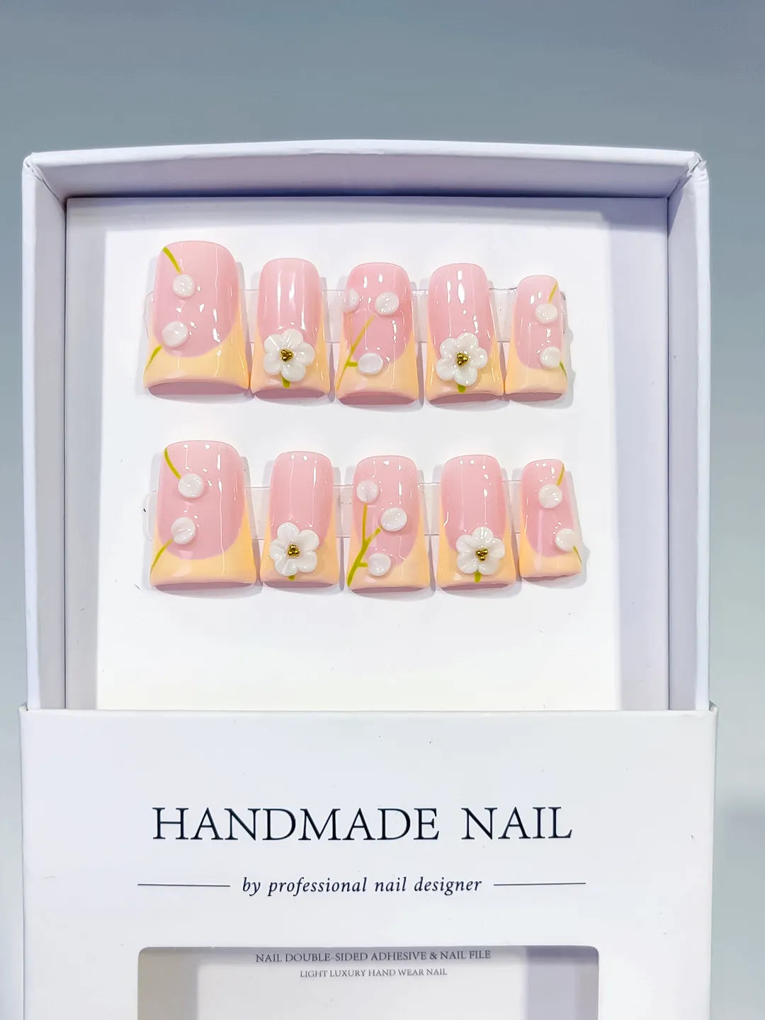 Pink Nude White French tip Flower Pearl 3D press on nails full set view