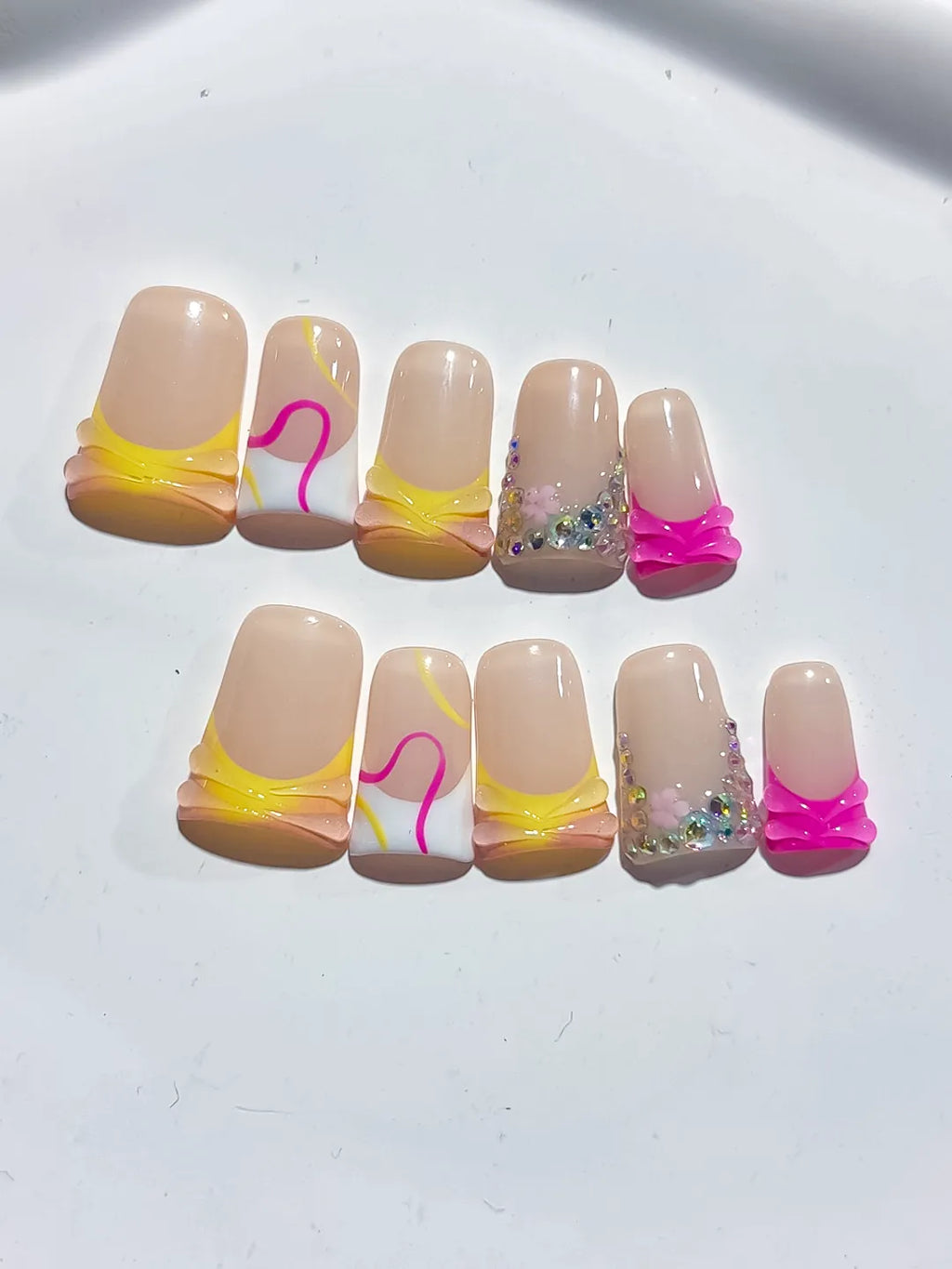 Nude Yellow White Pink Silver Abstract Heart Rhinestone press on nails close up