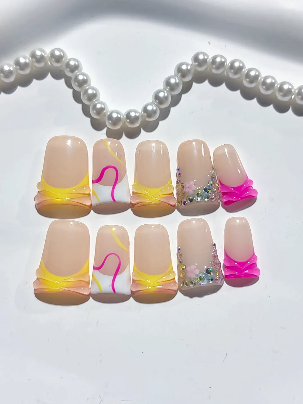Nude Yellow White Pink Silver Abstract Heart Rhinestone press on nails detail view