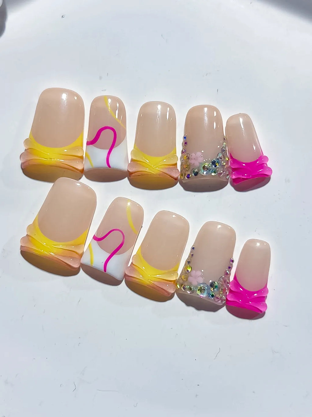Nude Yellow White Pink Silver Abstract Heart Rhinestone press on nails detail view
