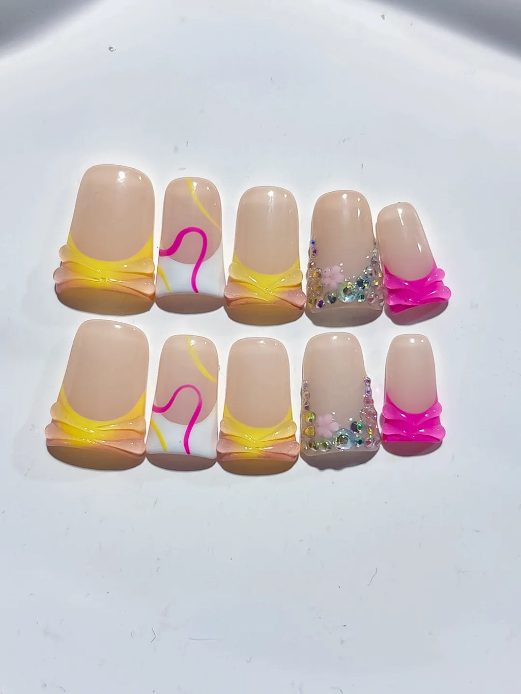 Nude Yellow White Pink Silver Abstract Heart Rhinestone press on nails detail view