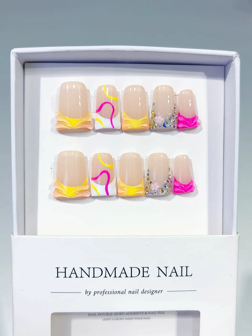 Nude Yellow White Pink Silver Abstract Heart Rhinestone press on nails full set view