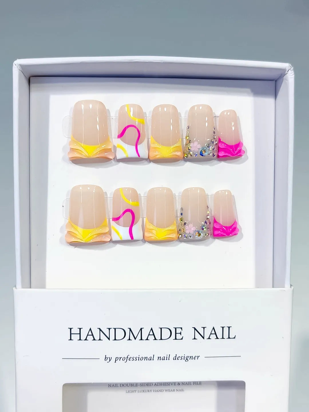Nude Yellow White Pink Silver Abstract Heart Rhinestone press on nails full set view