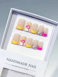 Nude Yellow White Pink Silver Abstract Heart Rhinestone press on nails