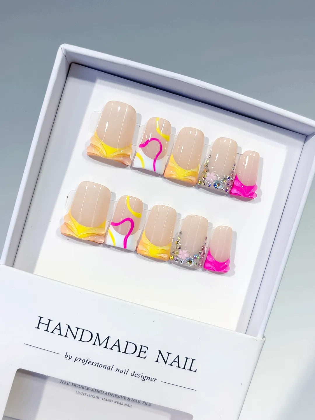 Nude Yellow White Pink Silver Abstract Heart Rhinestone press on nails