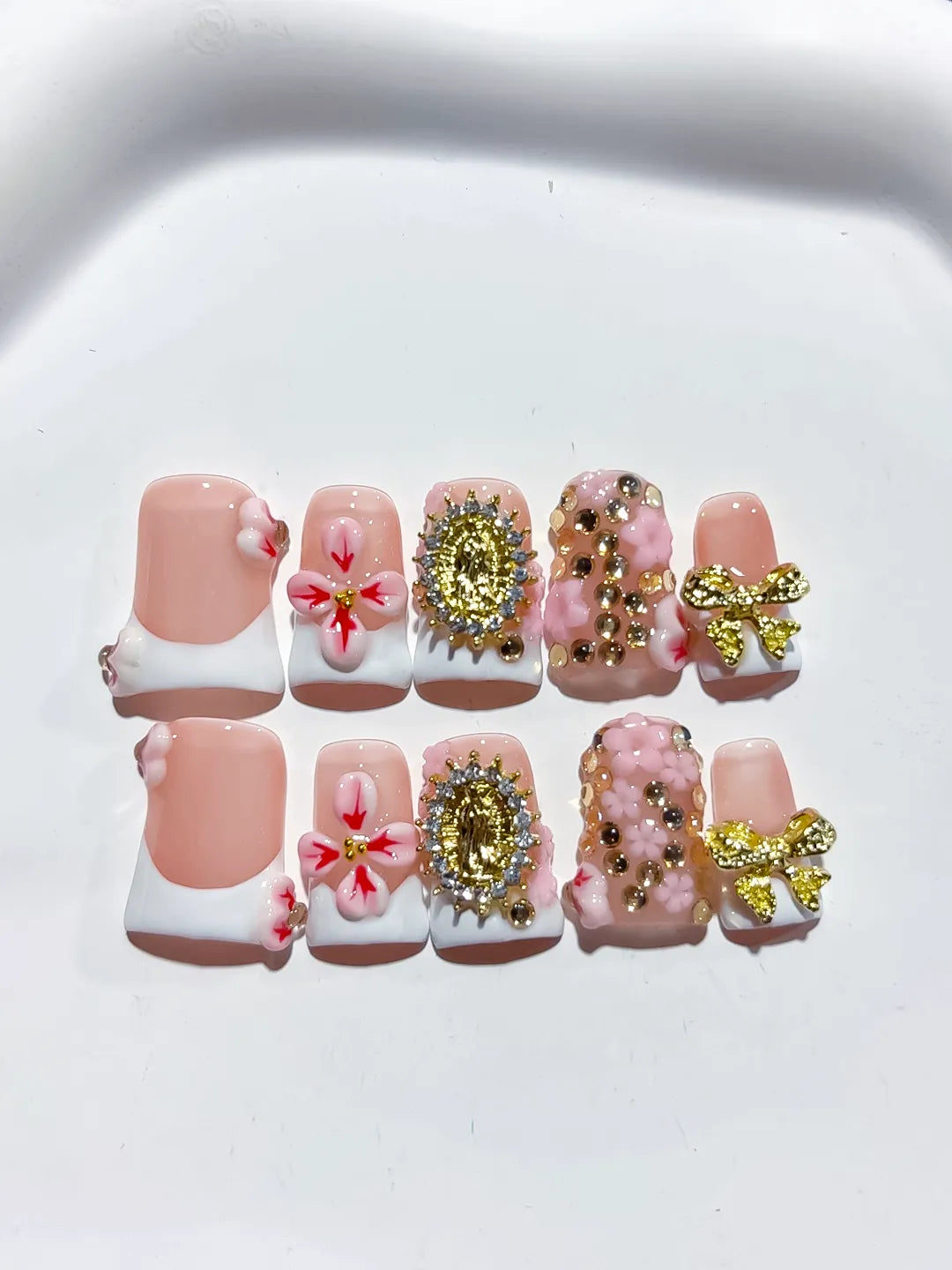 Nude White Pink Gold French tip Flower Bow Rhinestone press on nails detail view