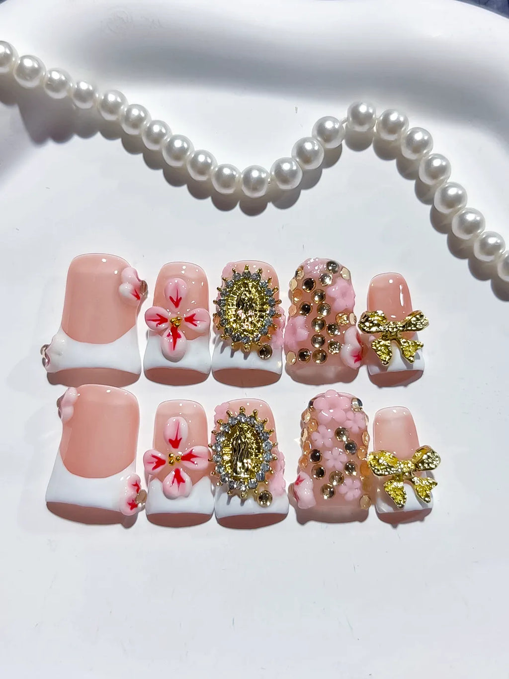 Nude White Pink Gold French tip Flower Bow Rhinestone press on nails detail view
