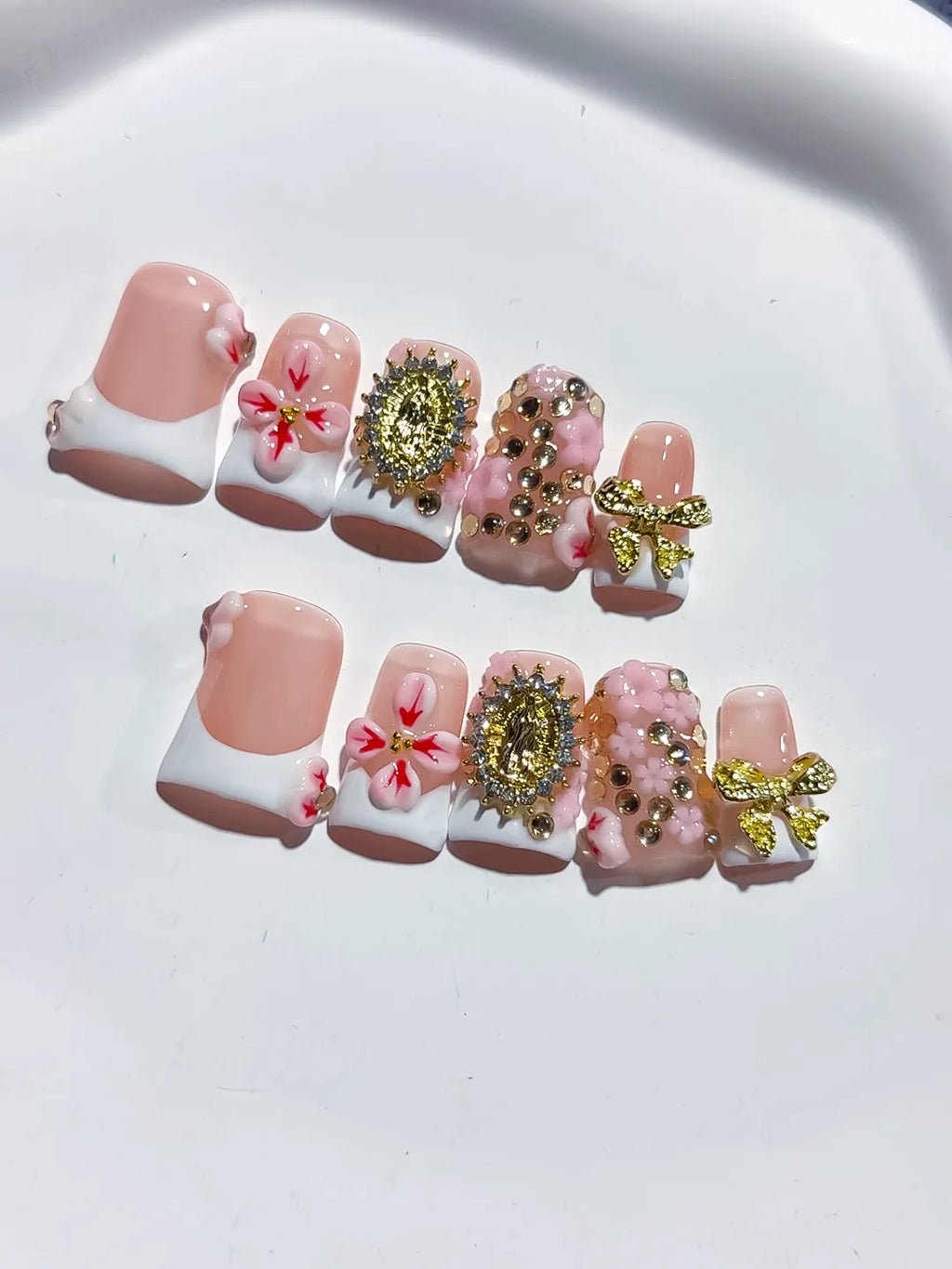 Nude White Pink Gold French tip Flower Bow Rhinestone press on nails detail view