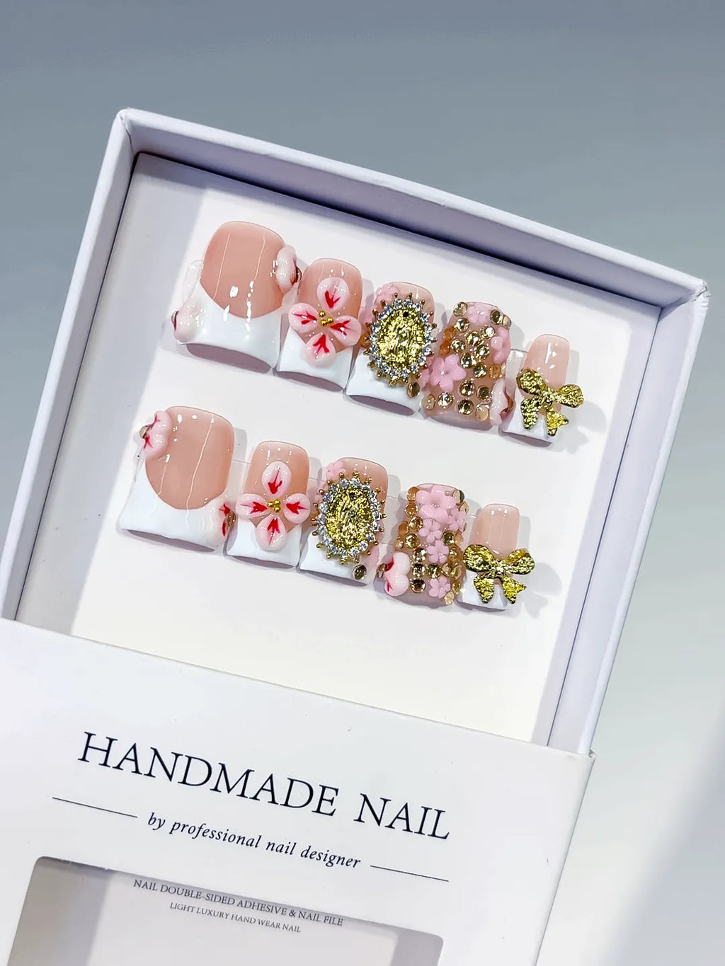 Nude White Pink Gold French tip Flower Bow Rhinestone press on nails
