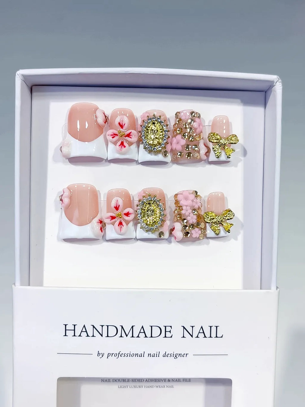 Nude White Pink Gold French tip Flower Bow Rhinestone press on nails full set view