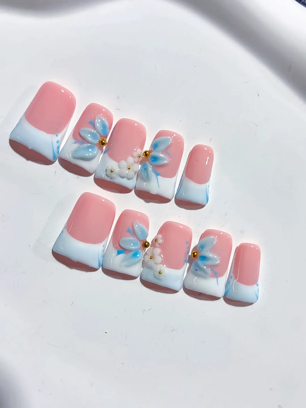 Pink White Blue French tip Flower 3D press on nails detail view