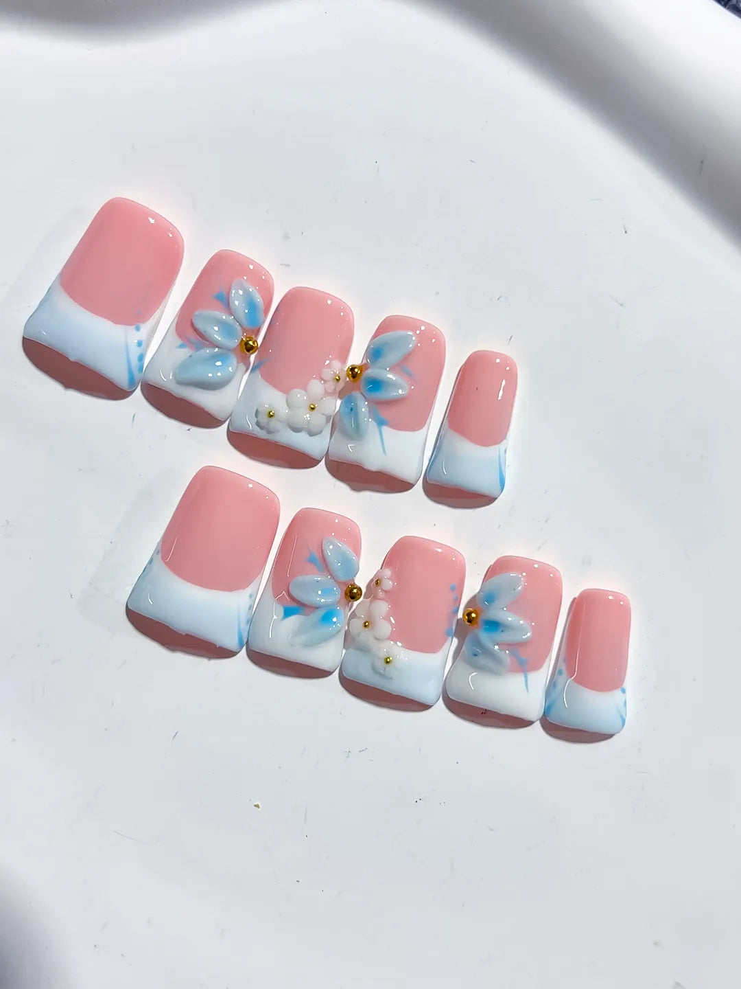 Pink White Blue French tip Flower 3D press on nails detail view
