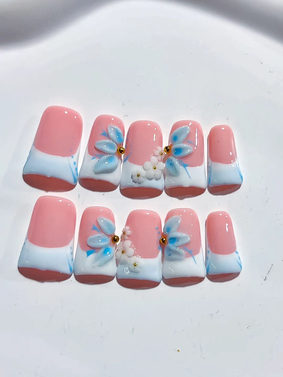 Pink White Blue French tip Flower 3D press on nails detail view