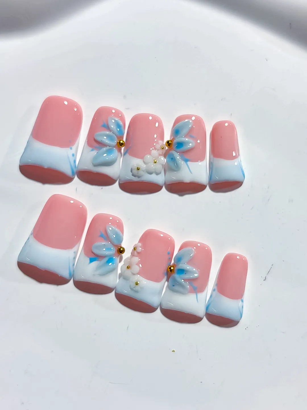 Pink White Blue French tip Flower 3D press on nails detail view