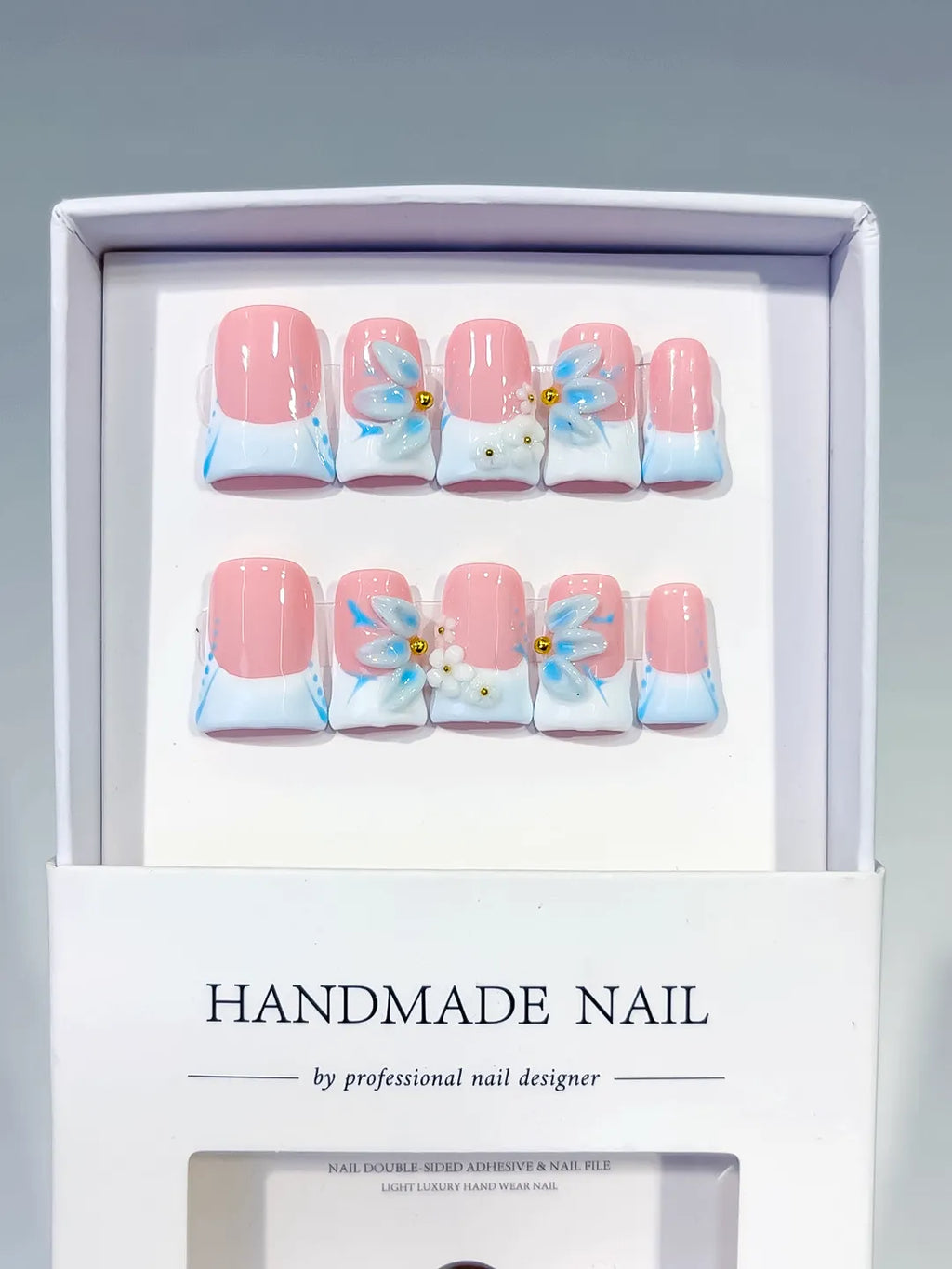 Pink White Blue French tip Flower 3D press on nails full set view