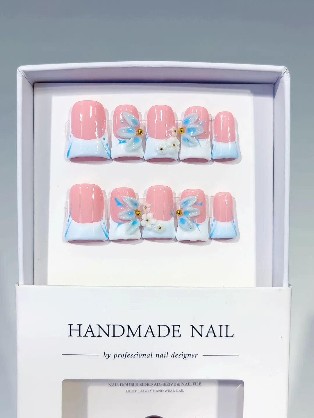 Pink White Blue French tip Flower 3D press on nails full set view