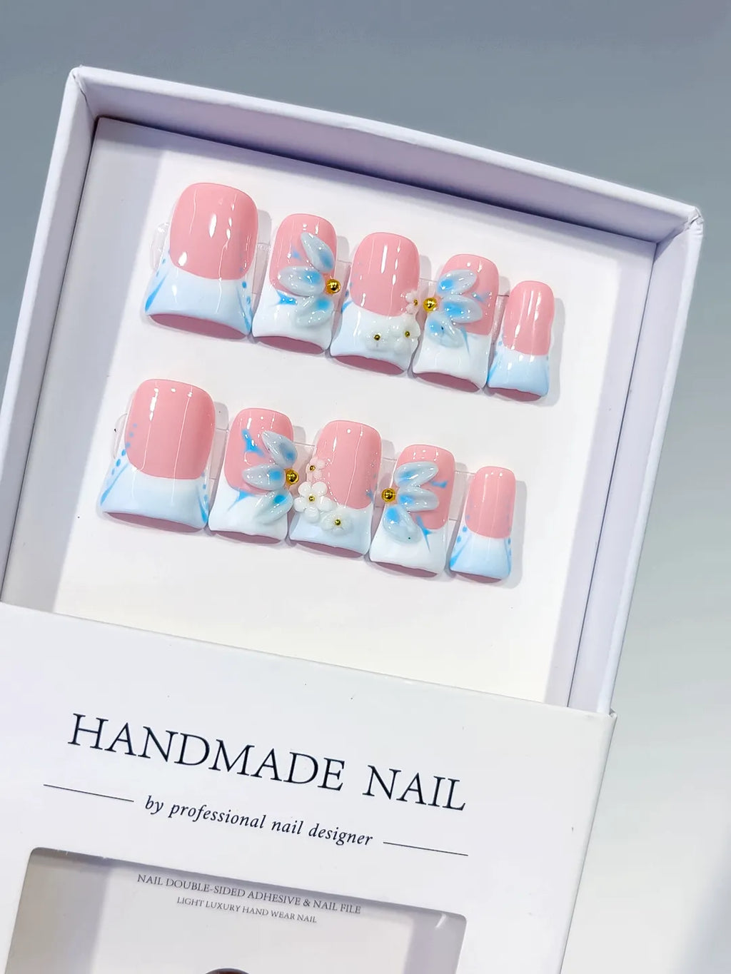 Pink White Blue French tip Flower 3D press on nails
