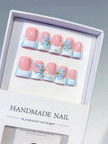 Pink White Blue French tip Flower 3D press on nails