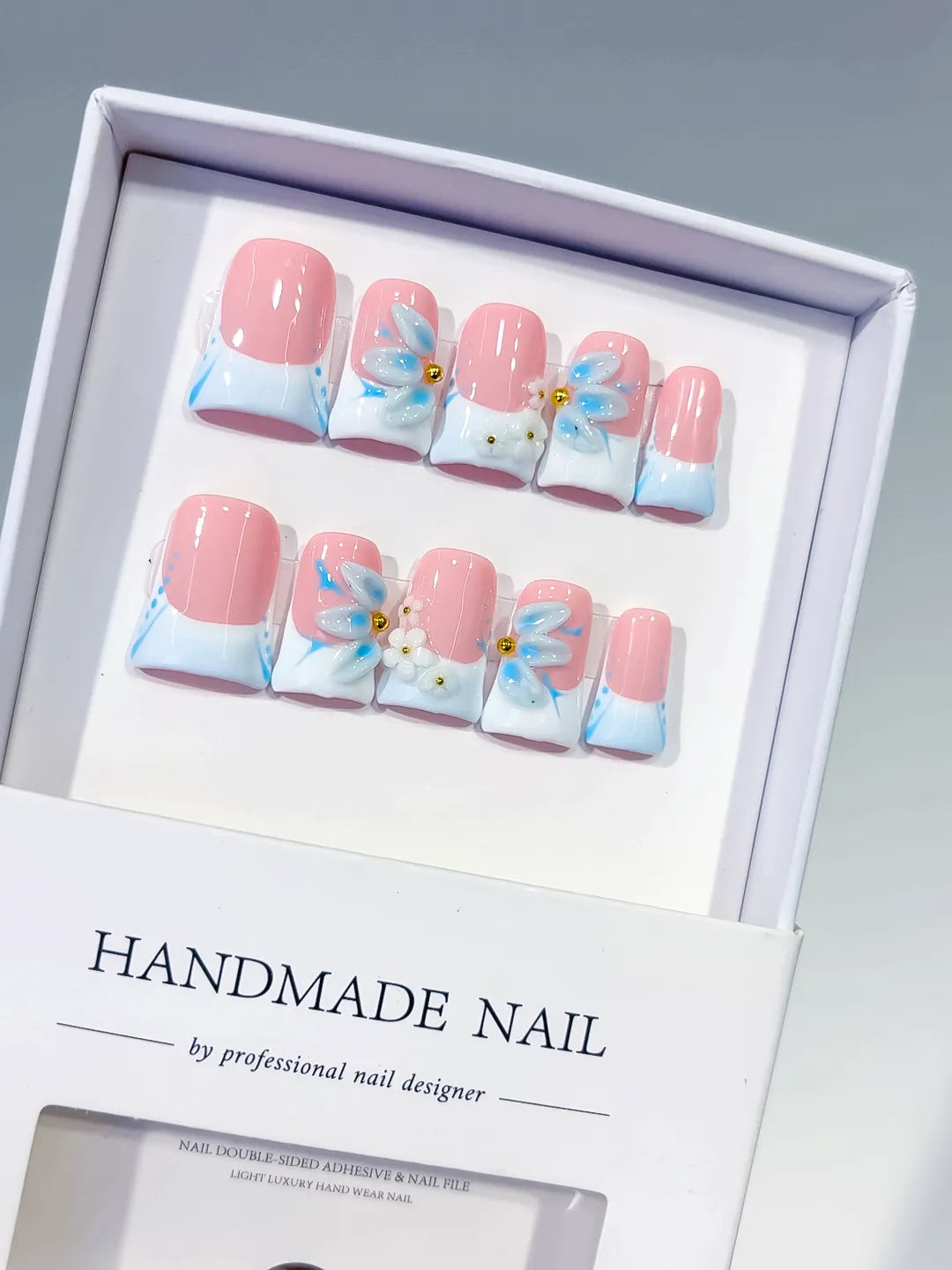 Pink White Blue French tip Flower 3D press on nails