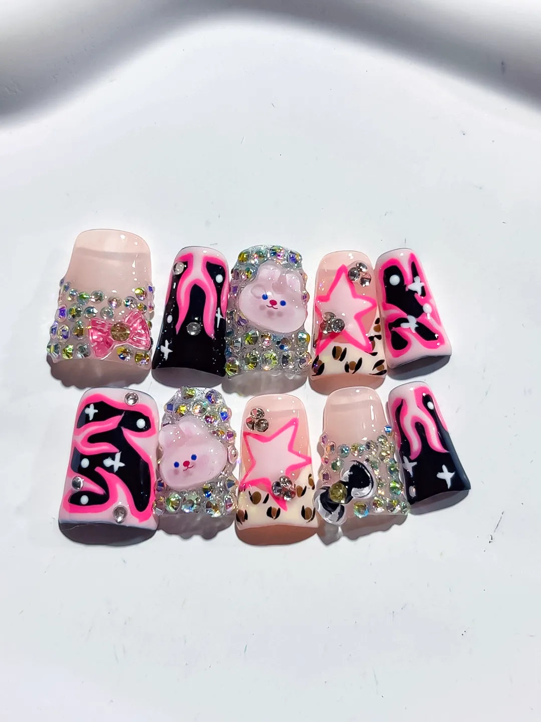 Nude Pink Black Silver Multicolor Abstract Star Bear Heart Rhinestone 3D press on nails close up