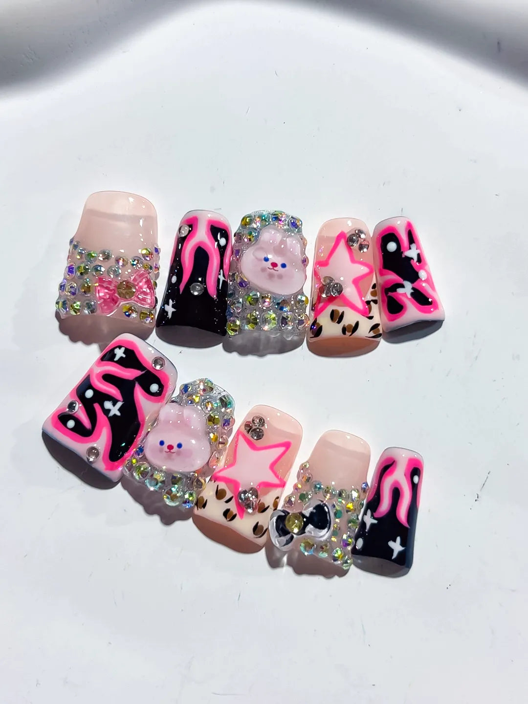 Nude Pink Black Silver Multicolor Abstract Star Bear Heart Rhinestone 3D press on nails detail view