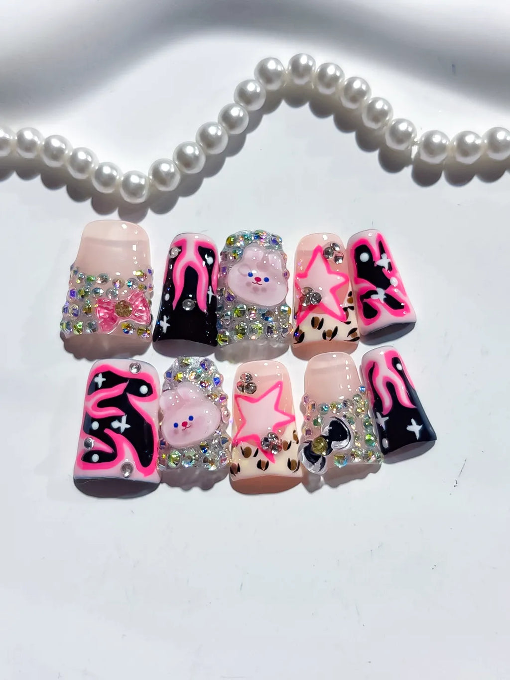 Nude Pink Black Silver Multicolor Abstract Star Bear Heart Rhinestone 3D press on nails detail view