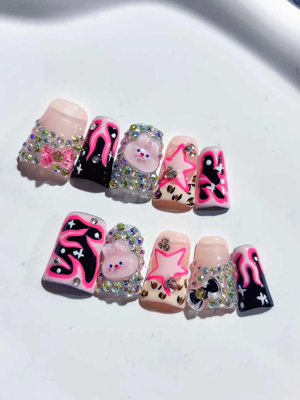 Nude Pink Black Silver Multicolor Abstract Star Bear Heart Rhinestone 3D press on nails detail view