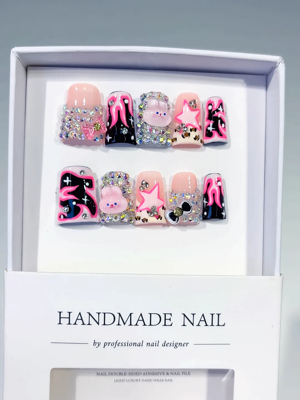Nude Pink Black Silver Multicolor Abstract Star Bear Heart Rhinestone 3D press on nails full set view