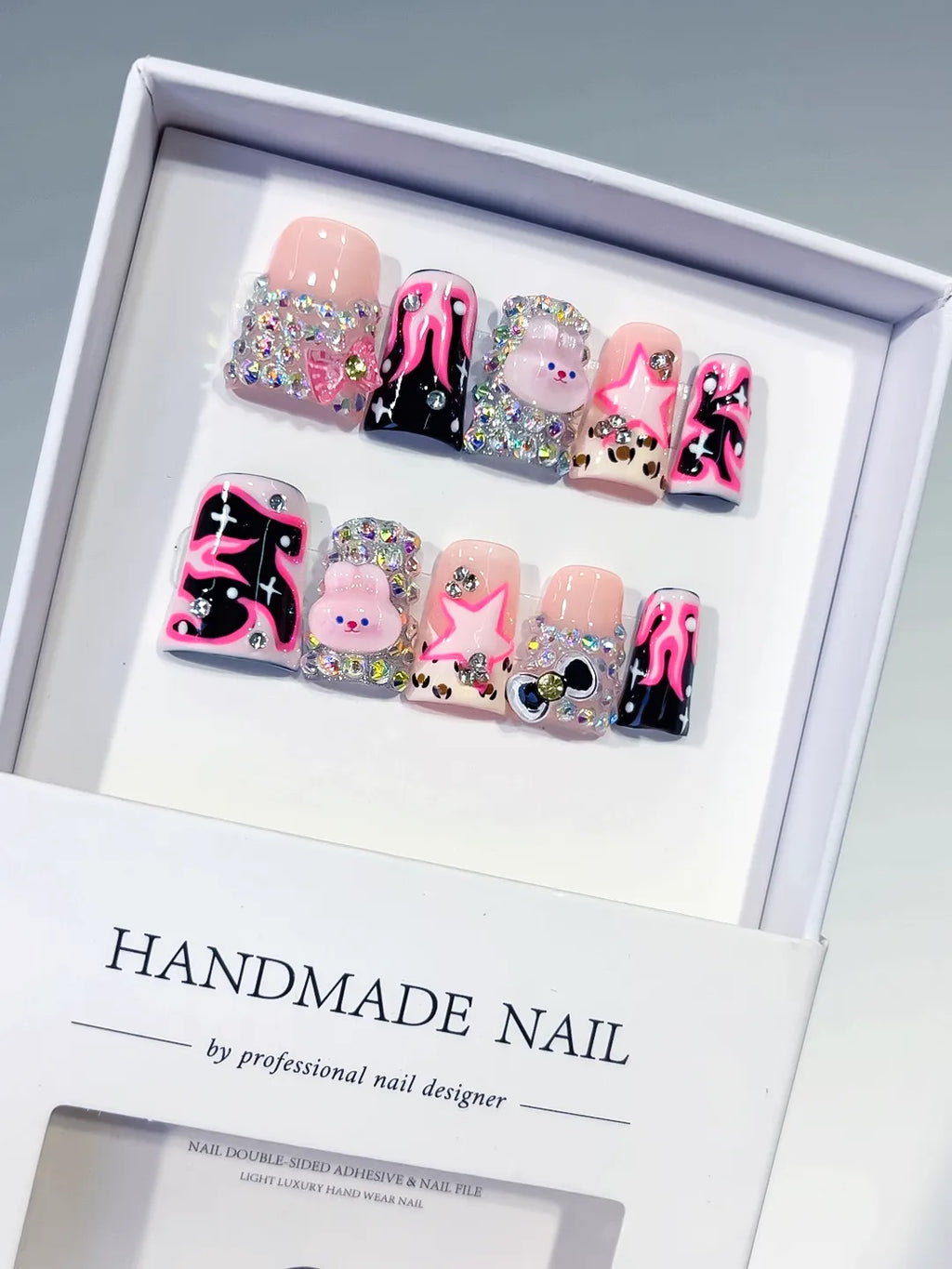 Nude Pink Black Silver Multicolor Abstract Star Bear Heart Rhinestone 3D press on nails