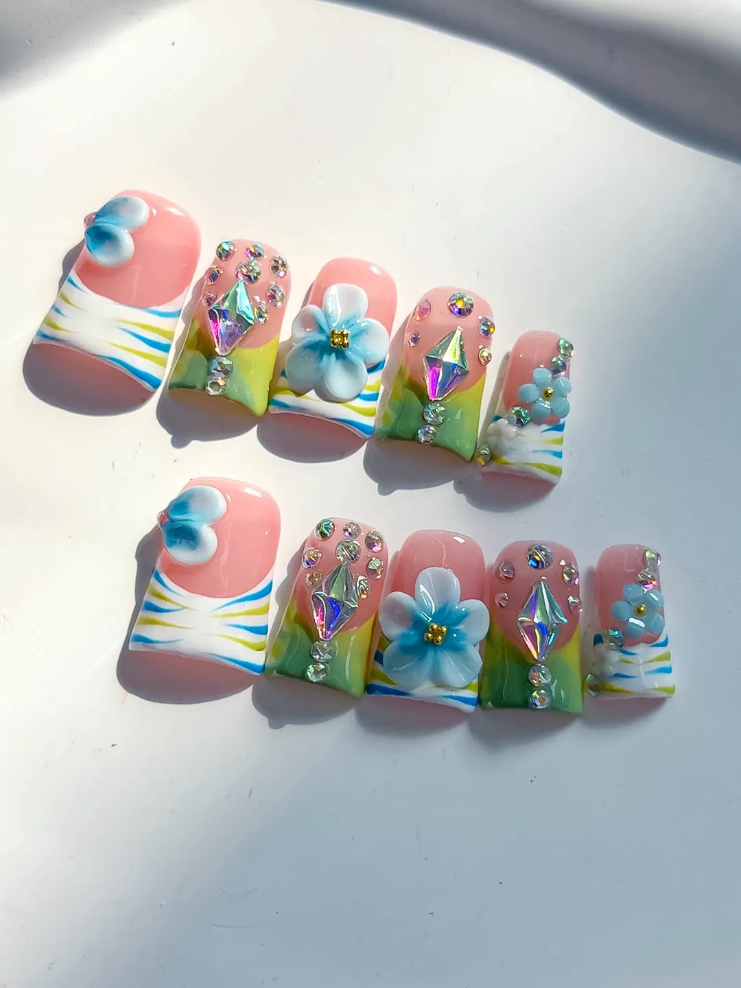Nude Blue Green Yellow Silver Abstract Flower Rhinestone 3D press on nails close up