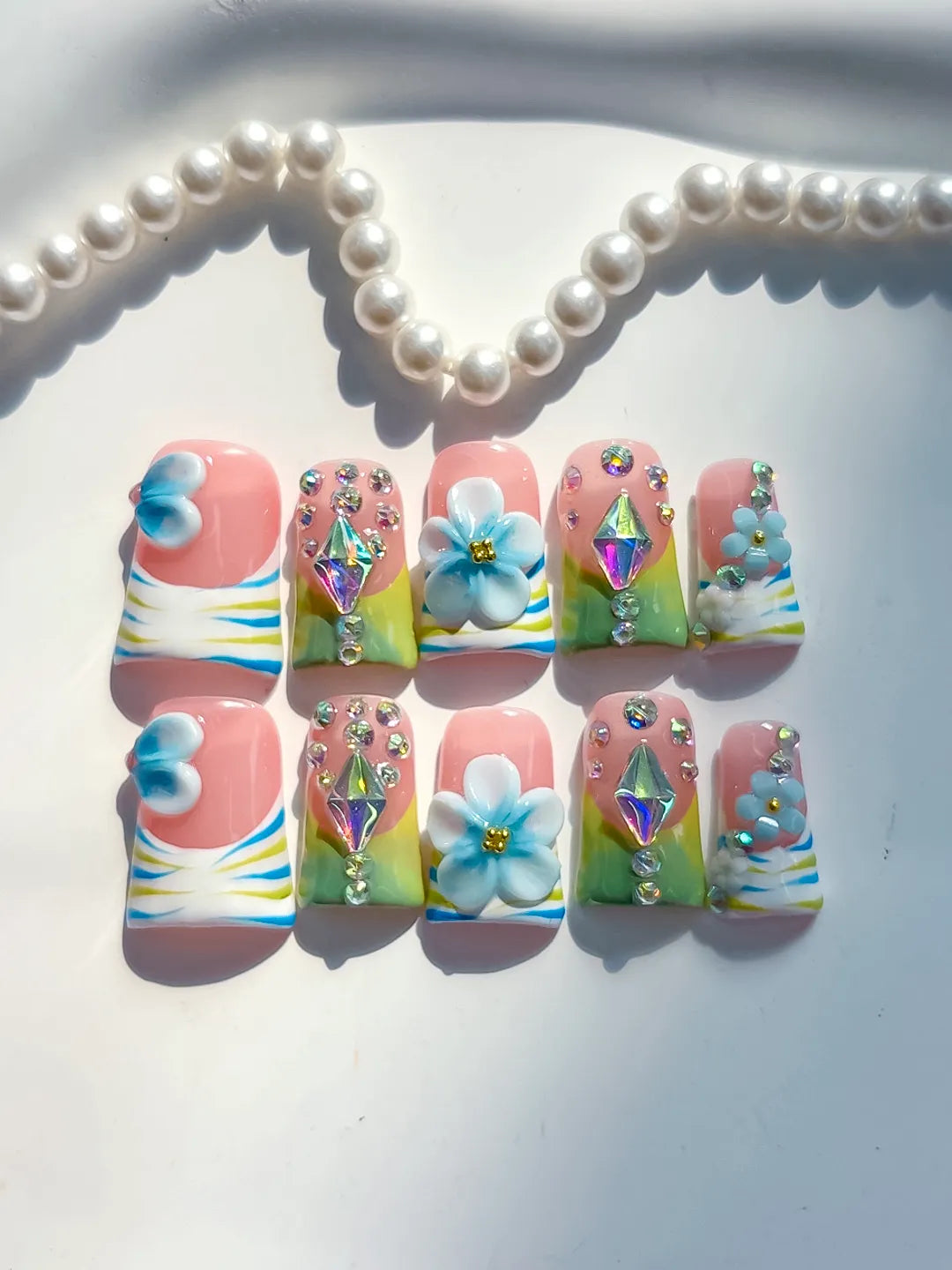 Nude Blue Green Yellow Silver Abstract Flower Rhinestone 3D press on nails detail view