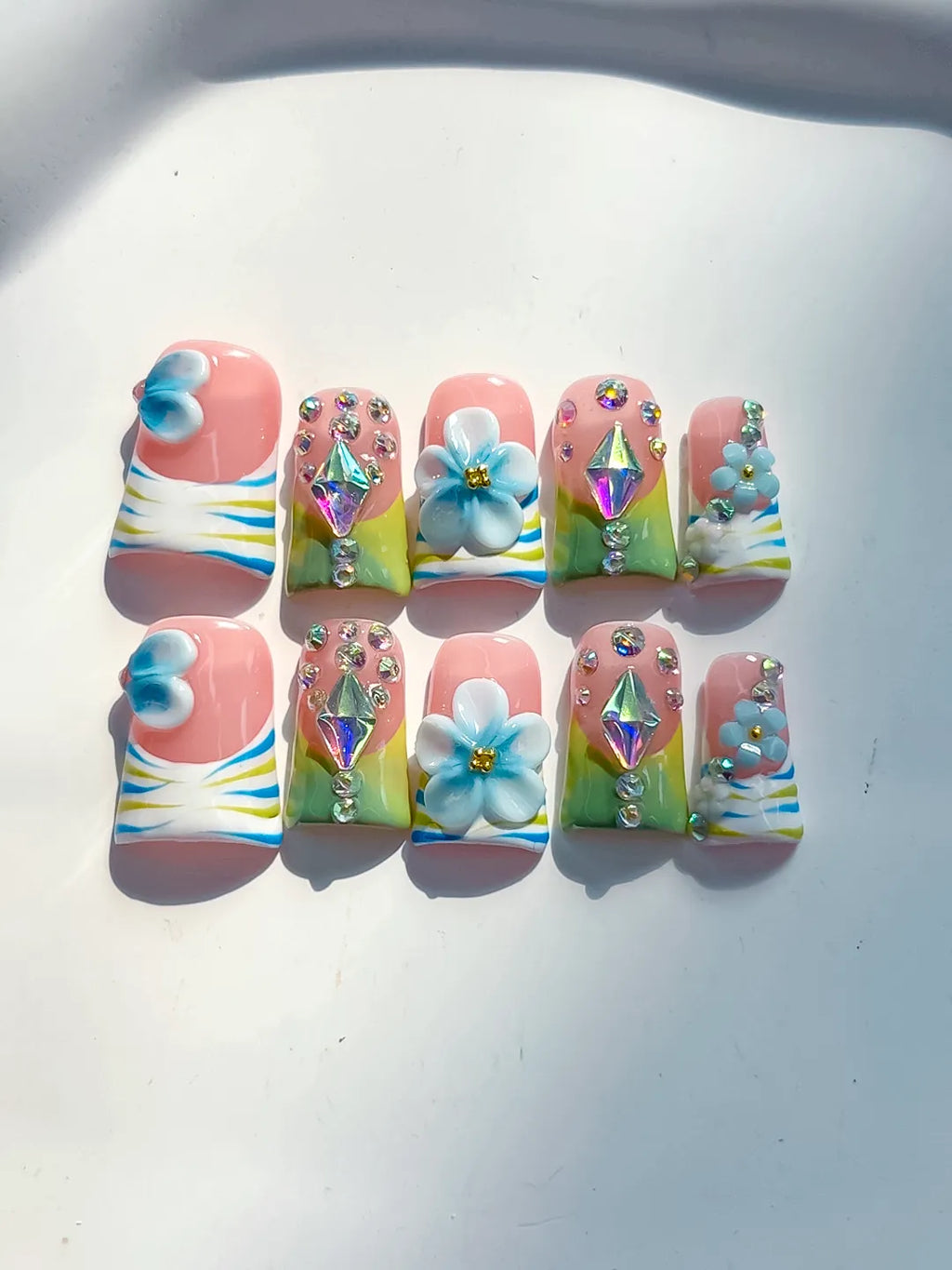 Nude Blue Green Yellow Silver Abstract Flower Rhinestone 3D press on nails detail view