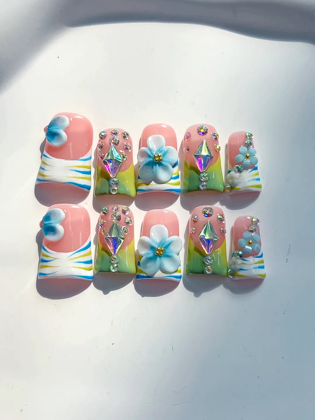 Nude Blue Green Yellow Silver Abstract Flower Rhinestone 3D press on nails detail view