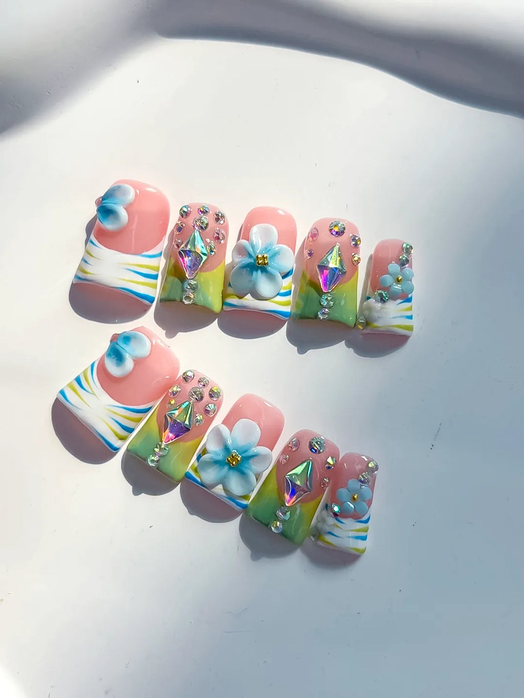 Nude Blue Green Yellow Silver Abstract Flower Rhinestone 3D press on nails detail view