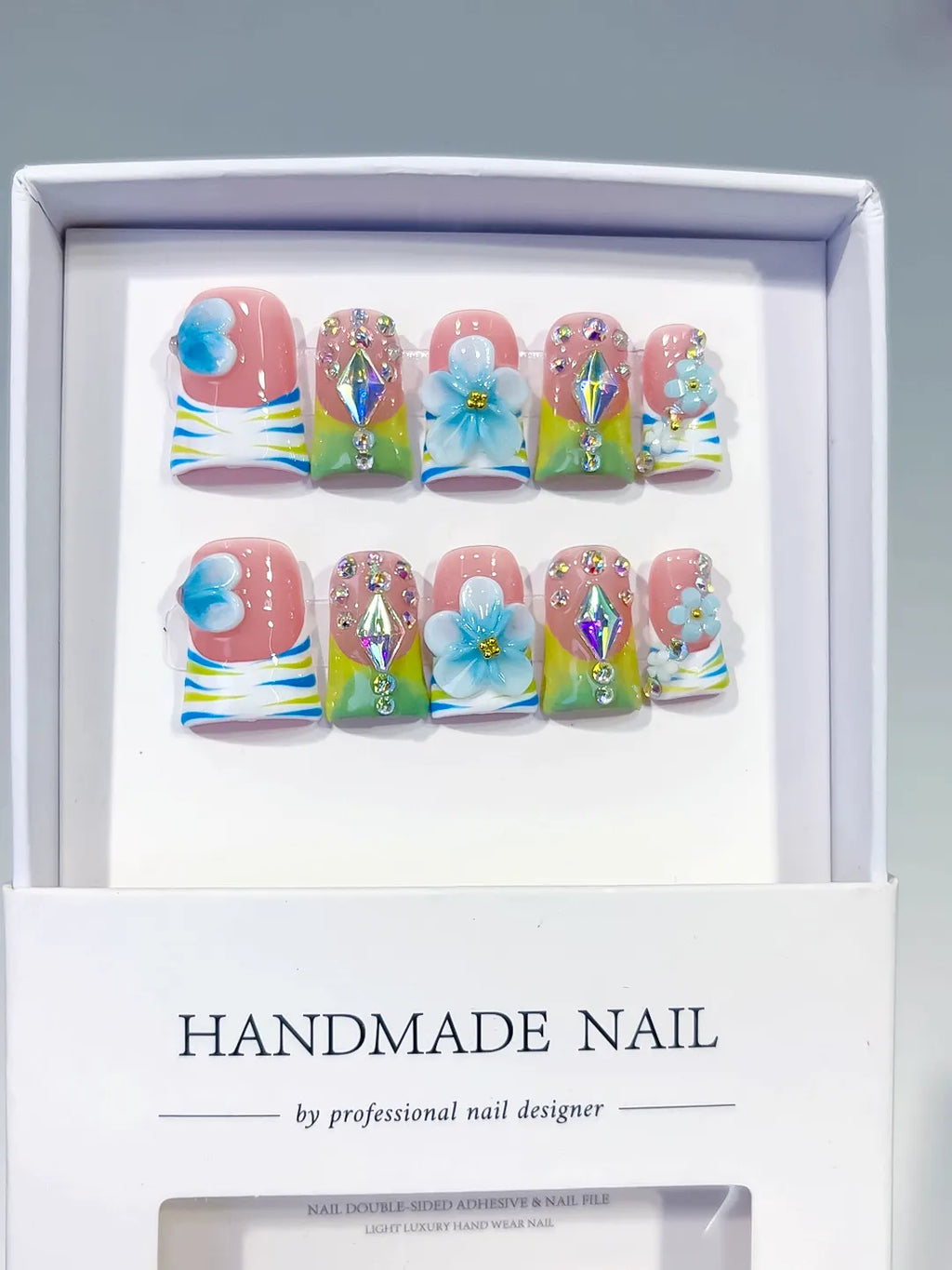 Nude Blue Green Yellow Silver Abstract Flower Rhinestone 3D press on nails full set view