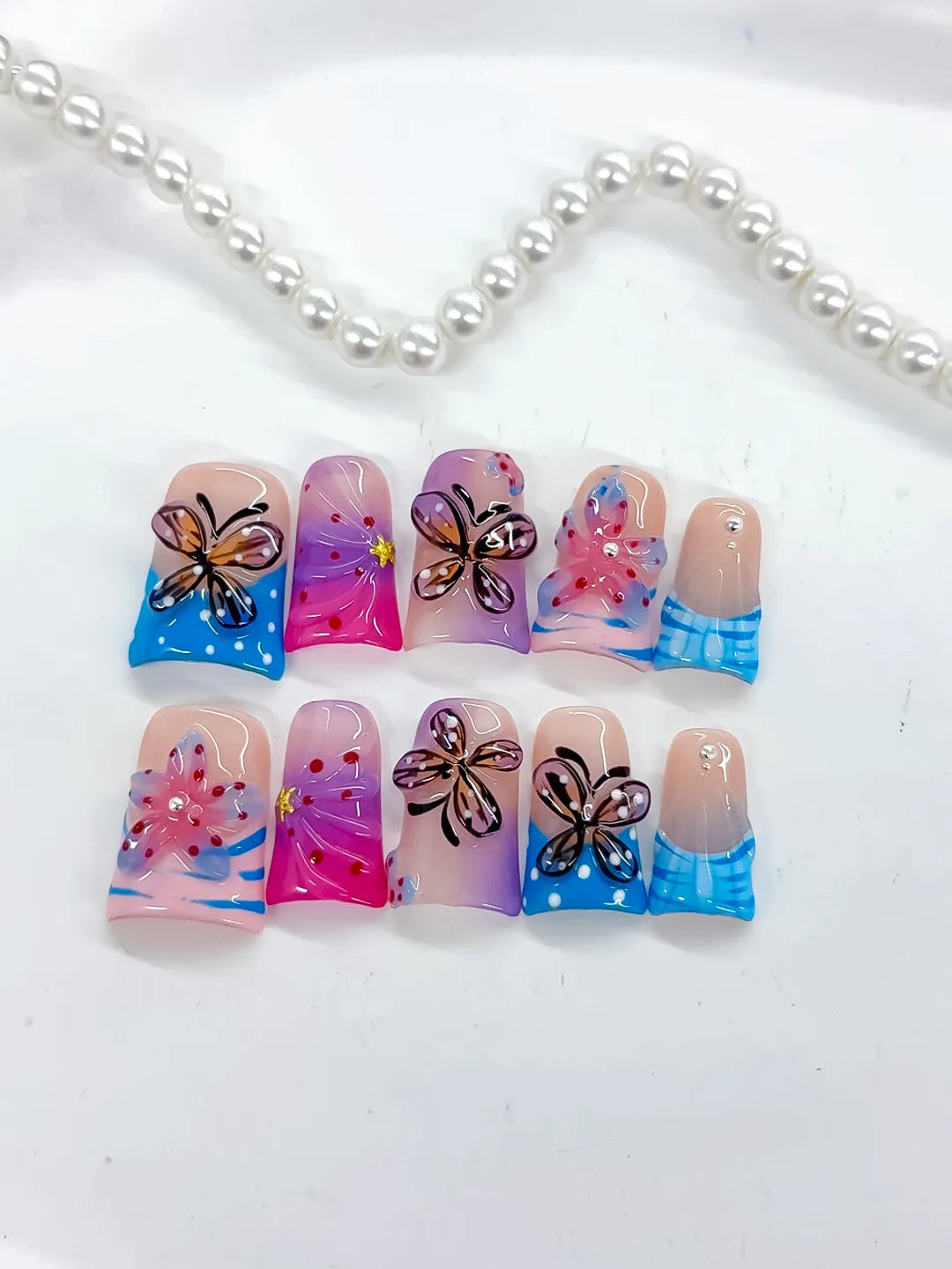 Pink Blue Purple Silver Abstract Butterfly Flower Rhinestone 3D press on nails close up