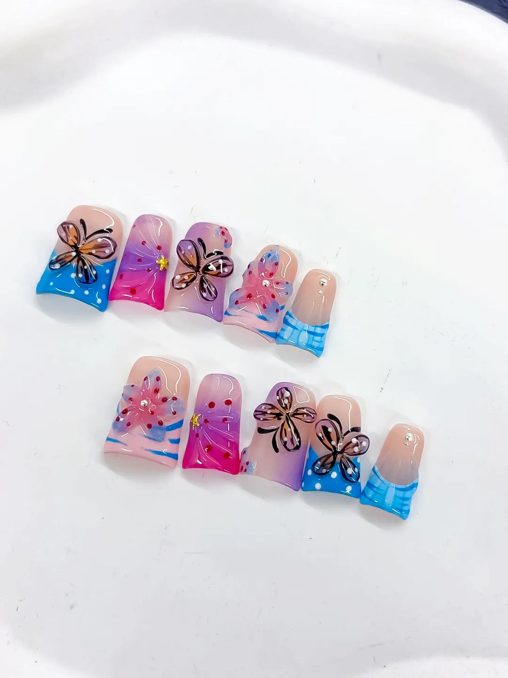 Pink Blue Purple Silver Abstract Butterfly Flower Rhinestone 3D press on nails detail view