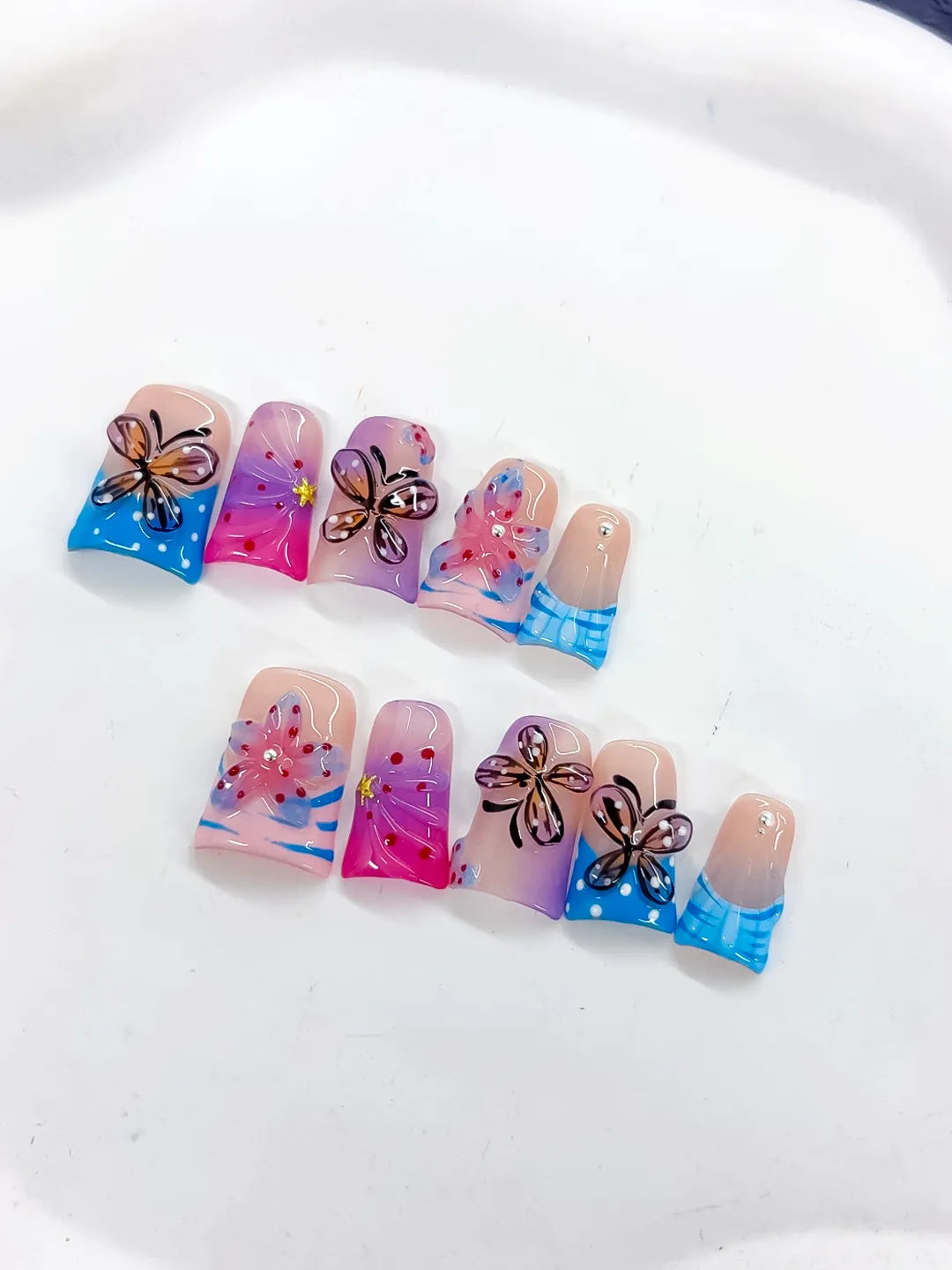 Pink Blue Purple Silver Abstract Butterfly Flower Rhinestone 3D press on nails detail view