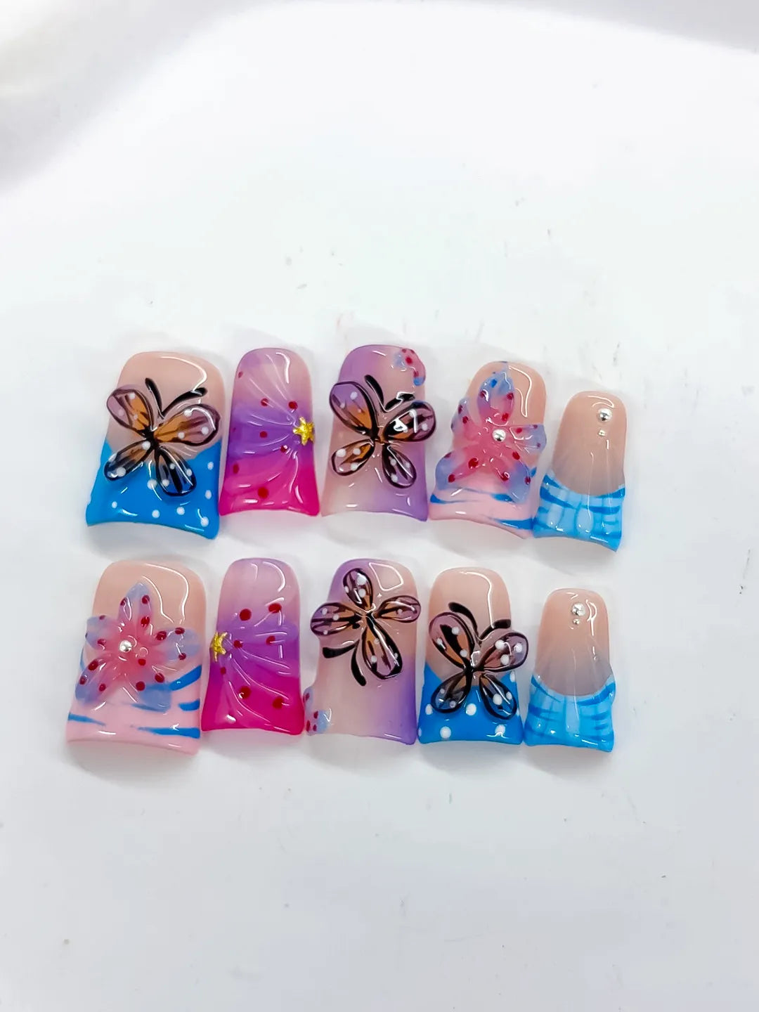 Pink Blue Purple Silver Abstract Butterfly Flower Rhinestone 3D press on nails detail view